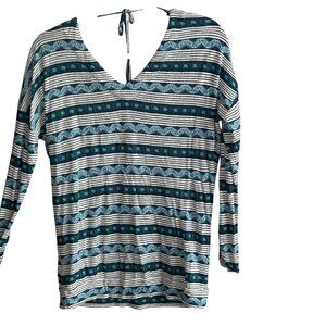 Lucky Brand Boho Striped V Neck Tie Back Long Sleeve Tee Size Small